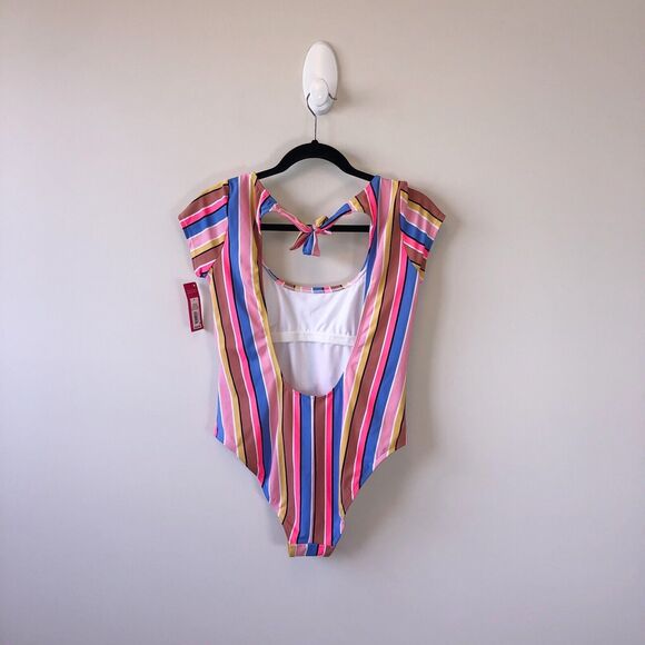 Xhilaration Junior Multi Striped Cap Sleeve One Piece Swimsuit Size Large NWT's - Picture 3 of 9